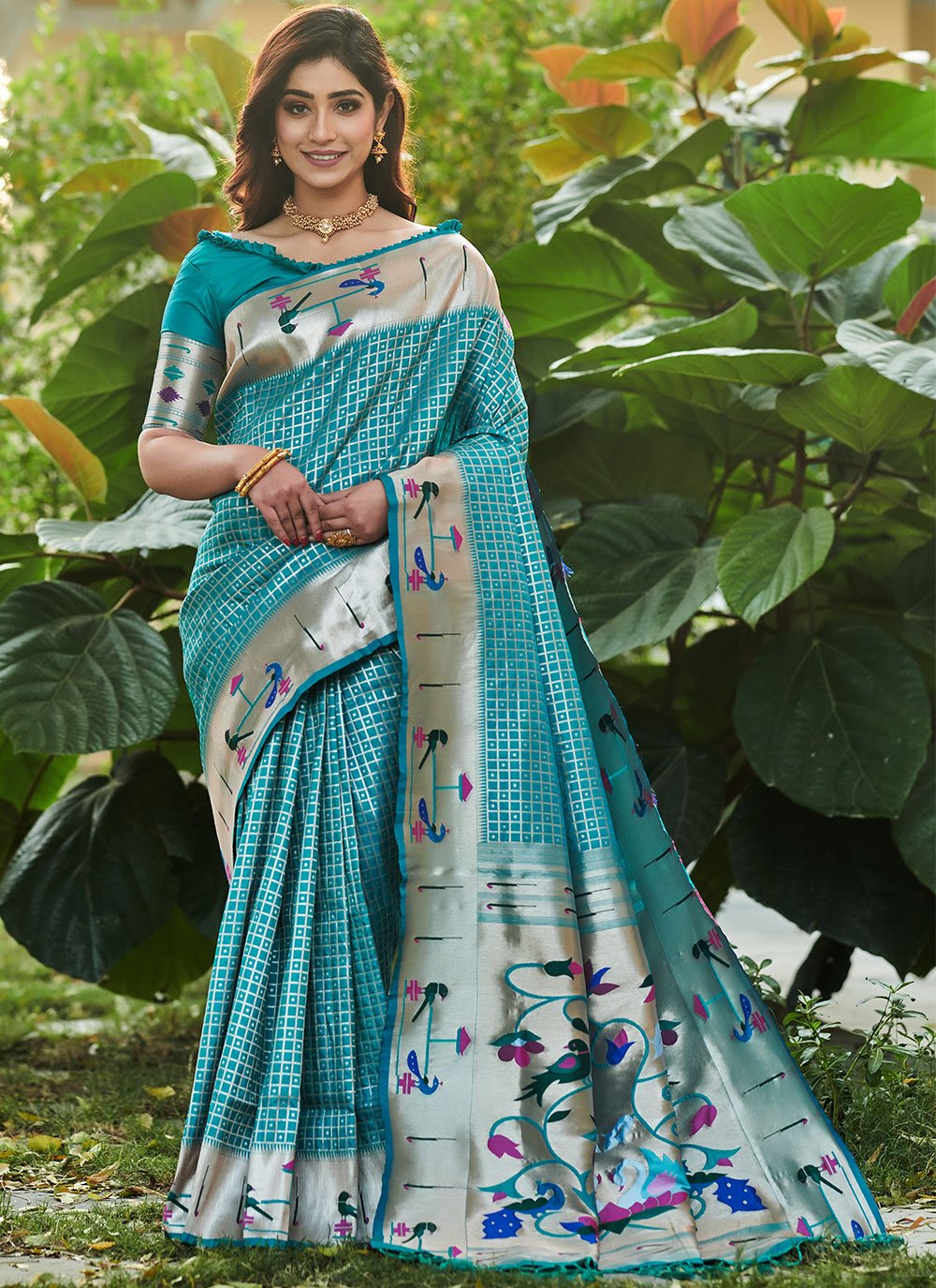 Trendy Saree Silk Firozi Floral Patch Saree