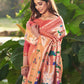 Designer Silk Peach Floral Patch Saree