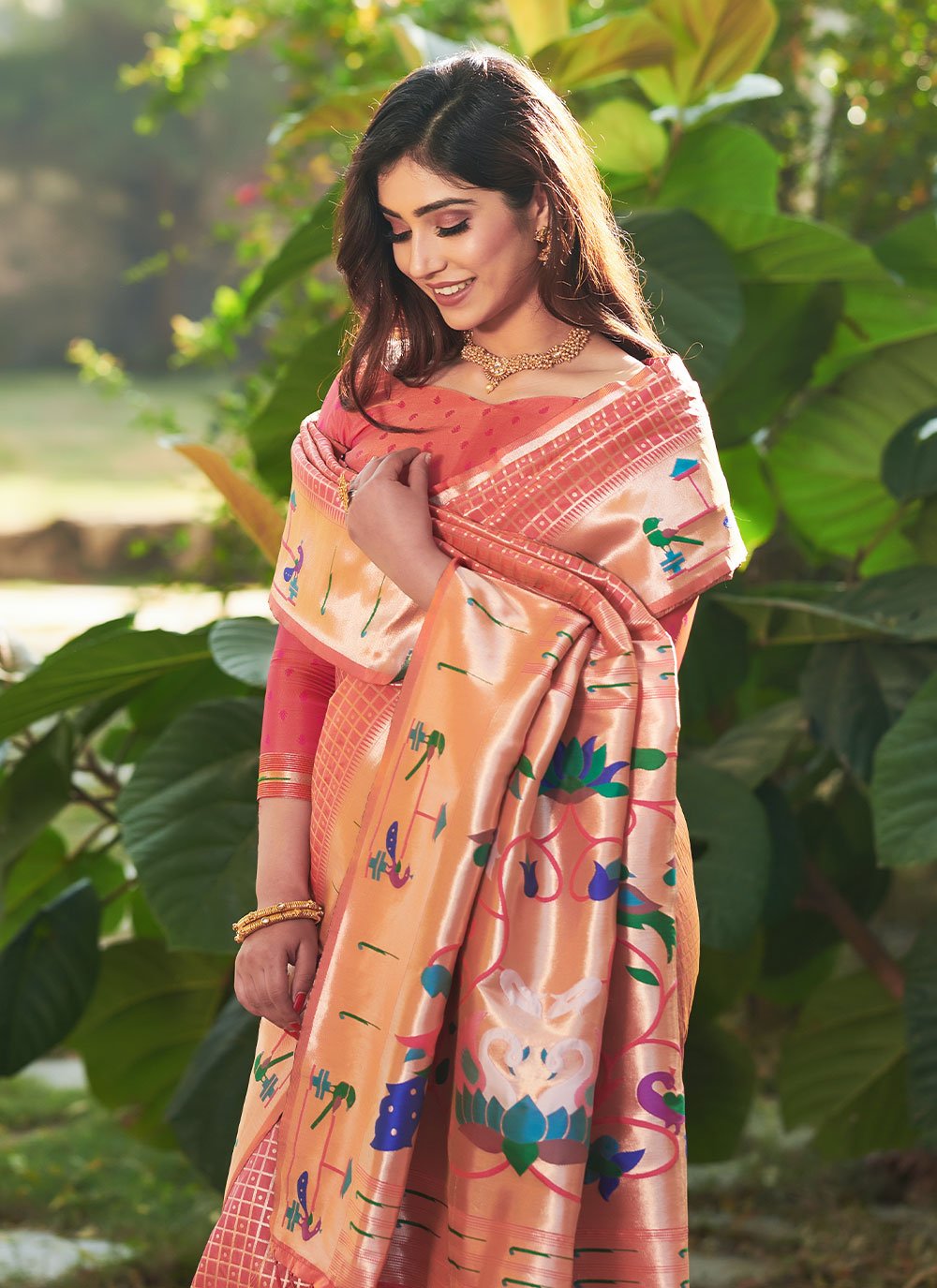 Designer Silk Peach Floral Patch Saree