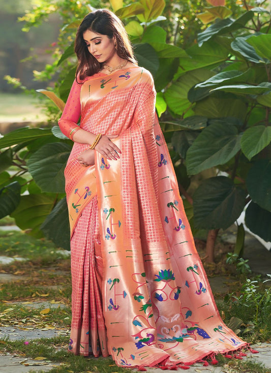 Designer Silk Peach Floral Patch Saree