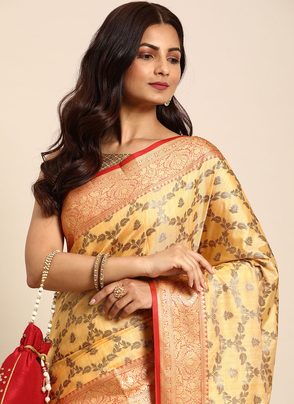 Traditional Saree Silk Tissue Brasso Beige Woven Saree