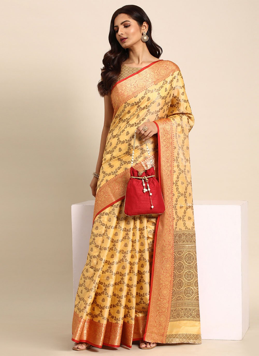 Traditional Saree Silk Tissue Brasso Beige Woven Saree