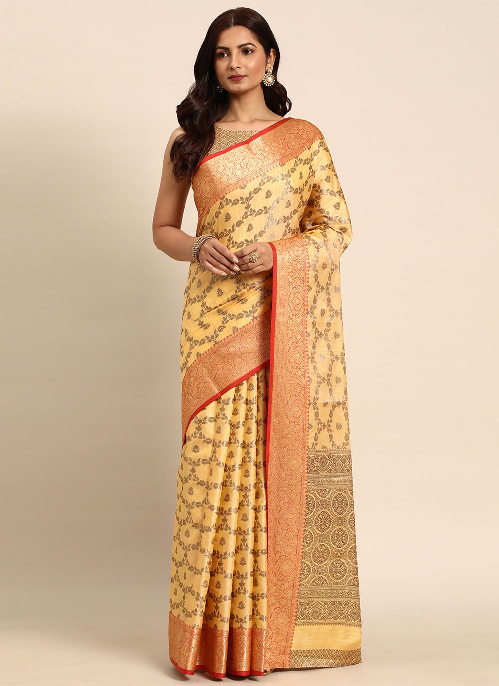 Traditional Saree Silk Tissue Brasso Beige Woven Saree