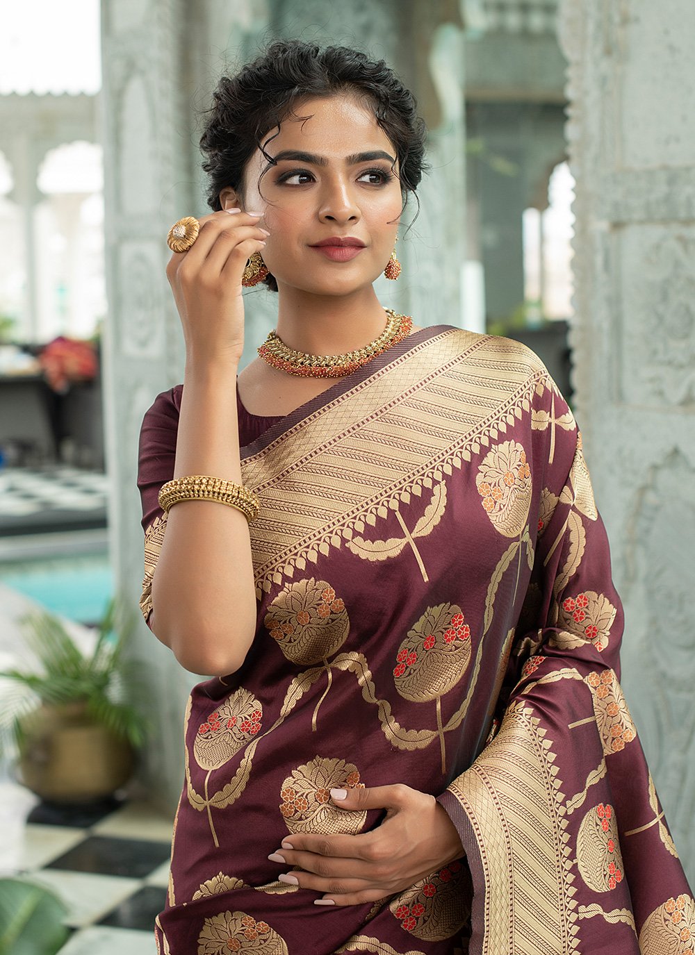 Contemporary Silk Wine Woven Saree