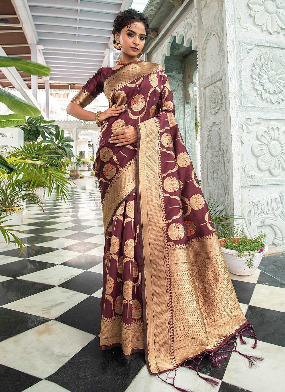 Contemporary Silk Wine Woven Saree