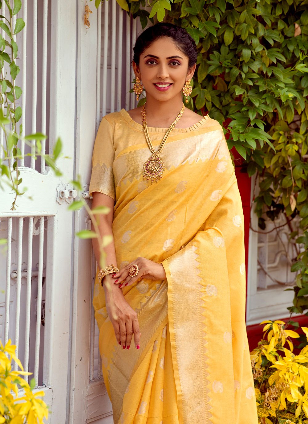 Classic Silk Yellow Booti Saree