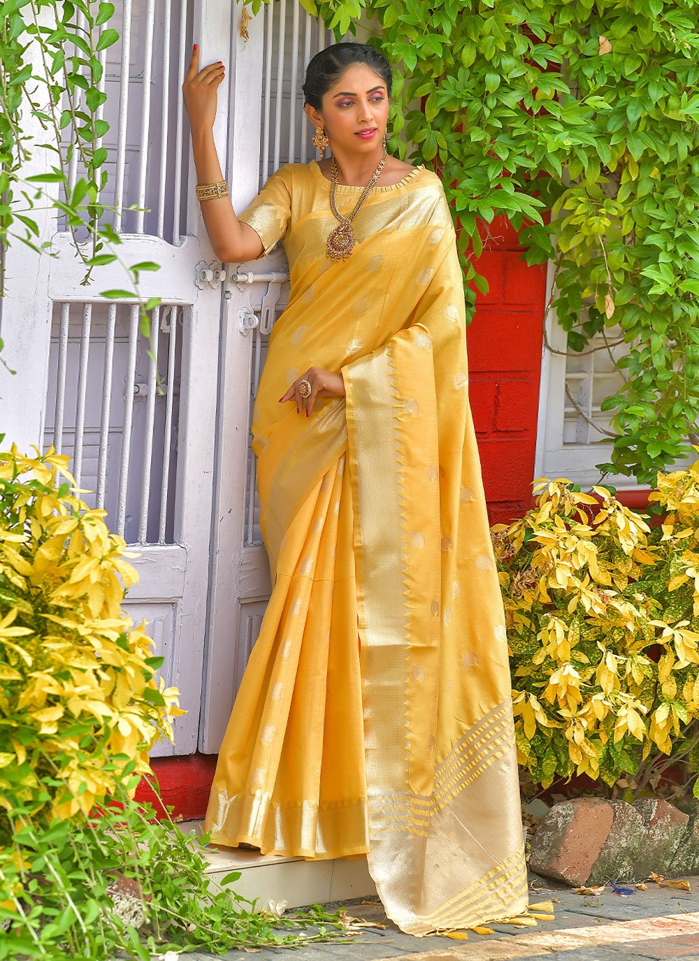 Classic Silk Yellow Booti Saree