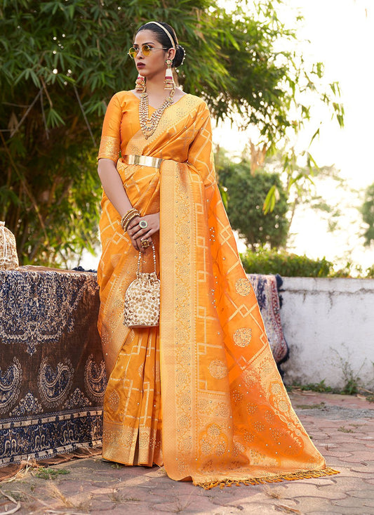 Designer Silk Yellow Swarovski Saree