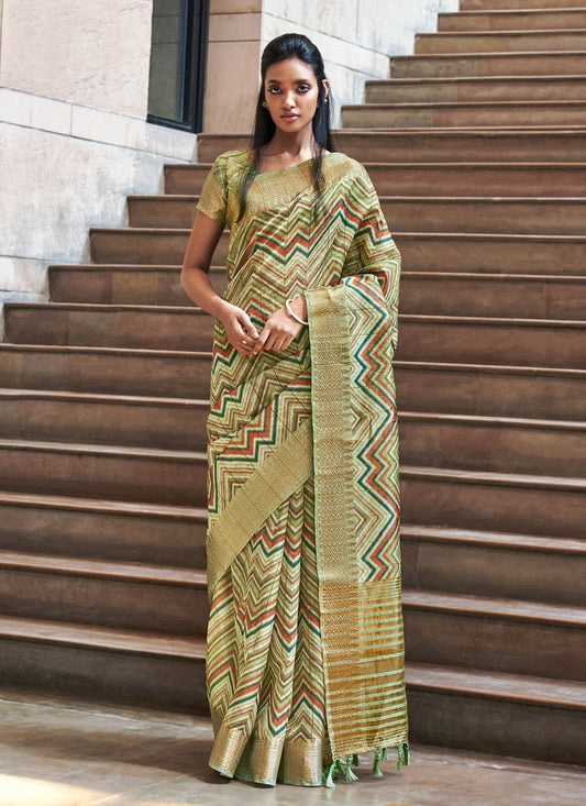 Traditional Saree Silk Yellow Digital Print Saree