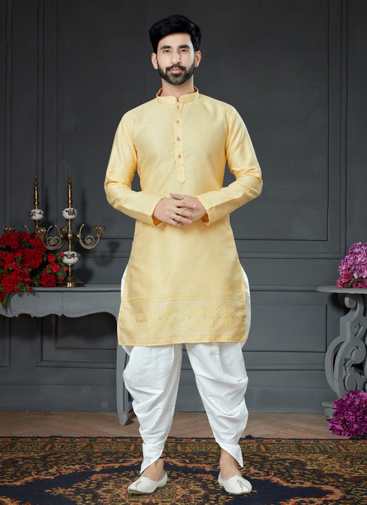 Dhoti Kurta Silk Yellow Jacquard Work Mens