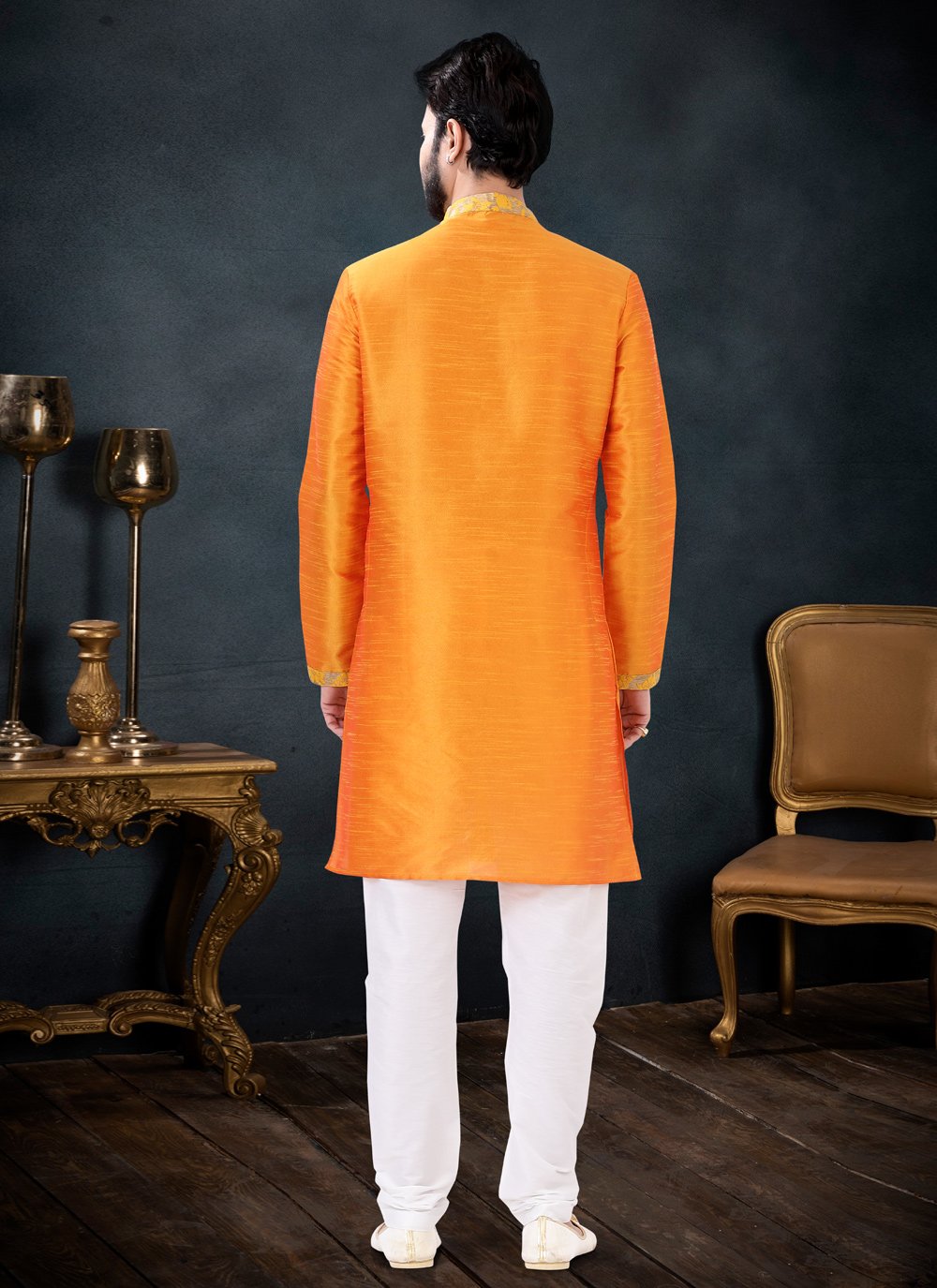 Kurta Pyjama Silk Yellow Patch Border Mens