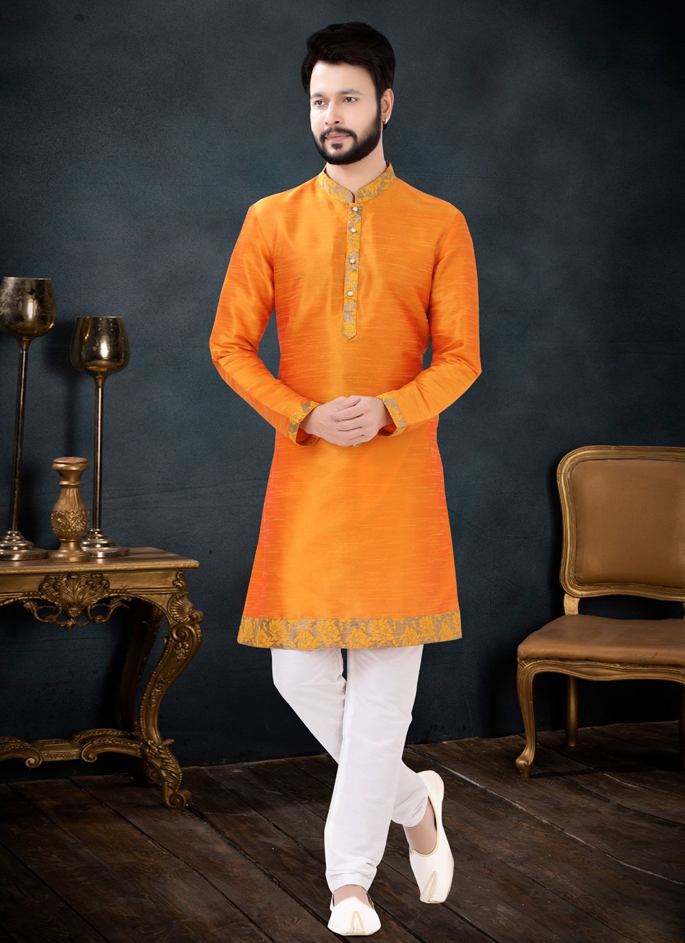 Kurta Pyjama Silk Yellow Patch Border Mens