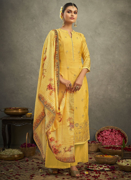 Salwar Suit Silk Yellow Jacquard Work Salwar Kameez