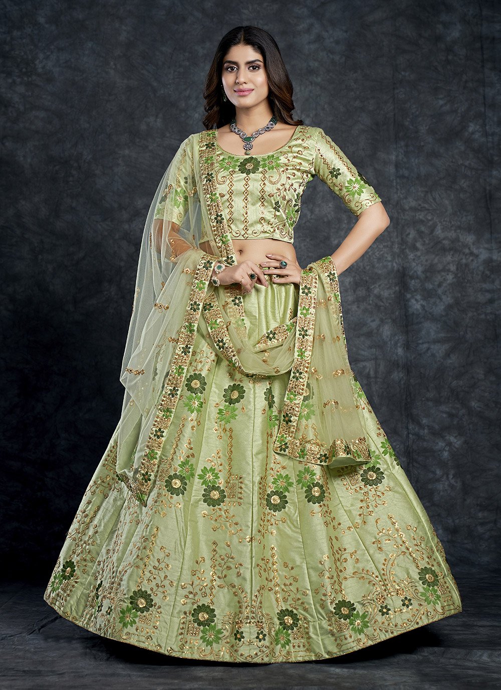 A Line Lehenga Silk Green Dimond Lehenga Choli