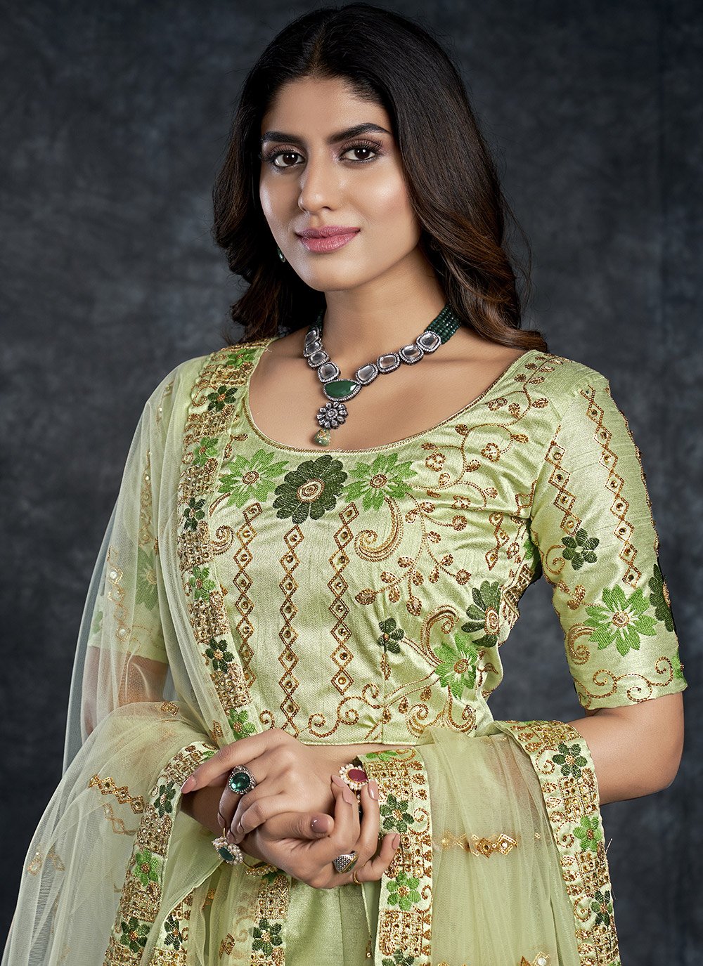 A Line Lehenga Silk Green Dimond Lehenga Choli