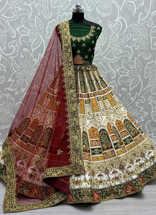 A Line Lehenga Silk Green Embroidered Lehenga Choli