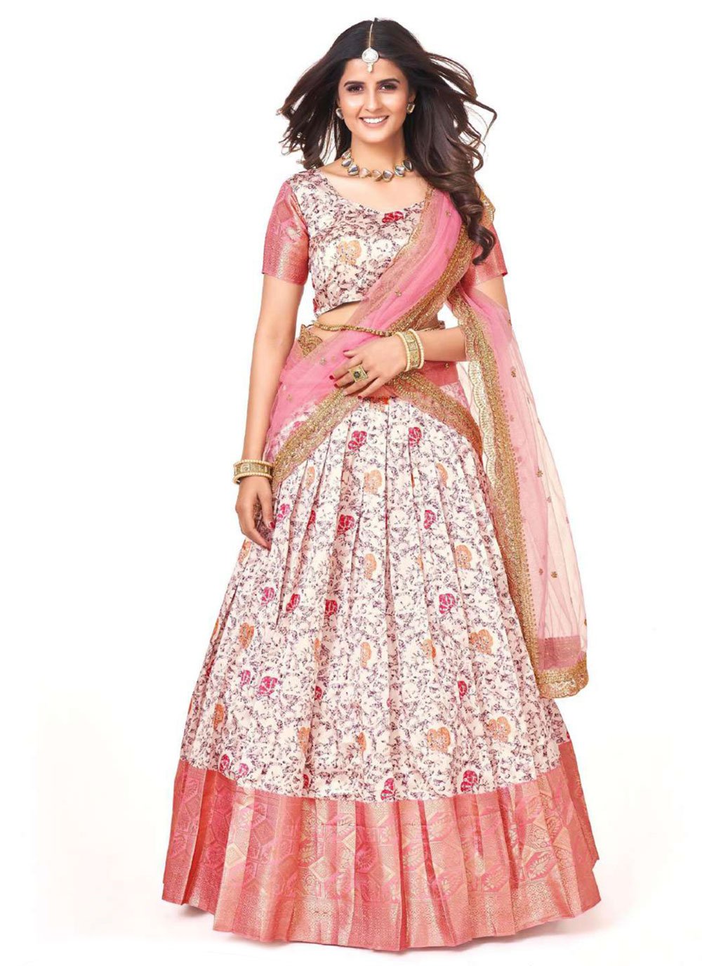 Lehenga Choli Silk Off White Pink Digital Print Lehenga Choli