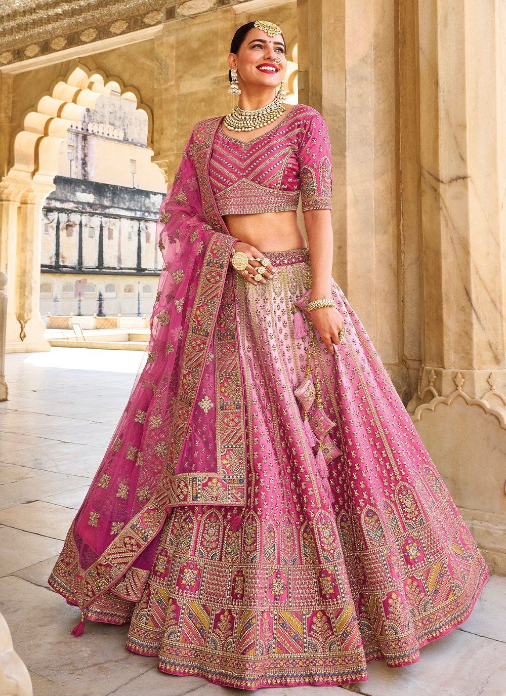 A Line Lehenga Silk Pink Embroidered Lehenga Choli