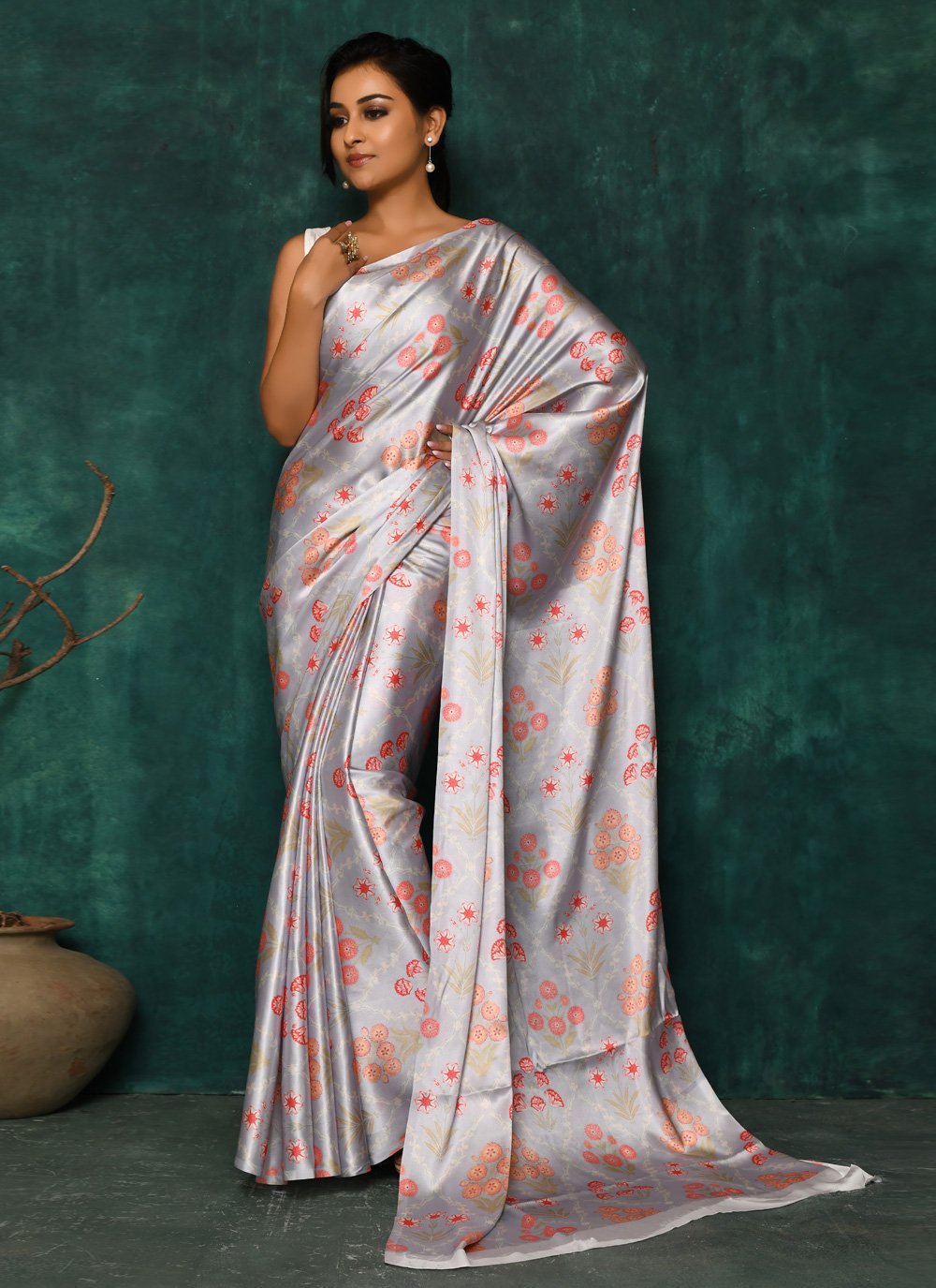 Designer Satin Silver Digital Print Saree