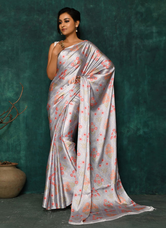 Designer Satin Silver Digital Print Saree