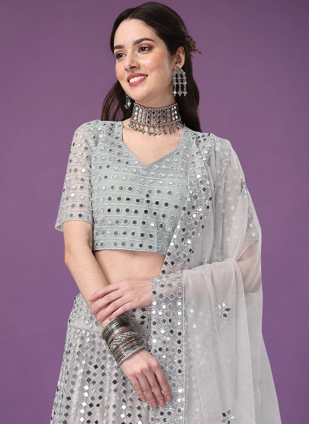 Lehenga Choli Net Satin Silk Silver Embroidered Lehenga Choli