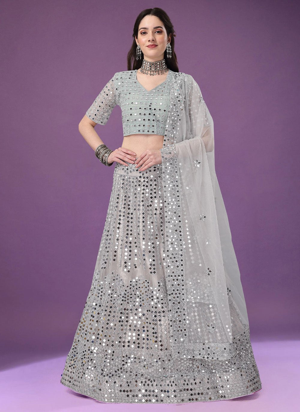 Lehenga Choli Net Satin Silk Silver Embroidered Lehenga Choli