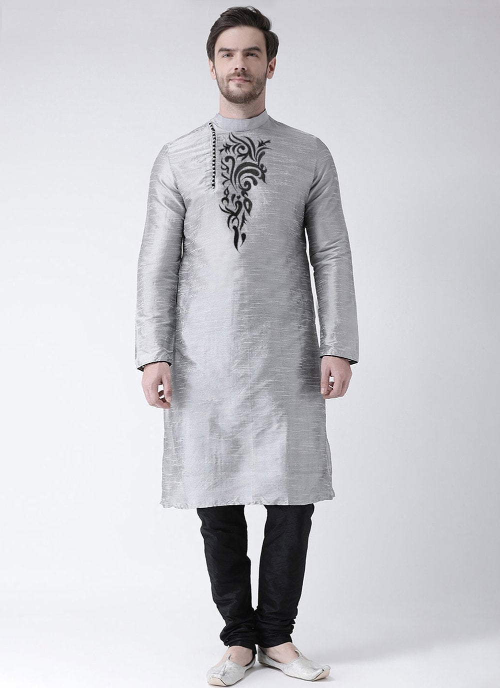 Kurta Pyjama Art Dupion Silk Silver Embroidered Mens