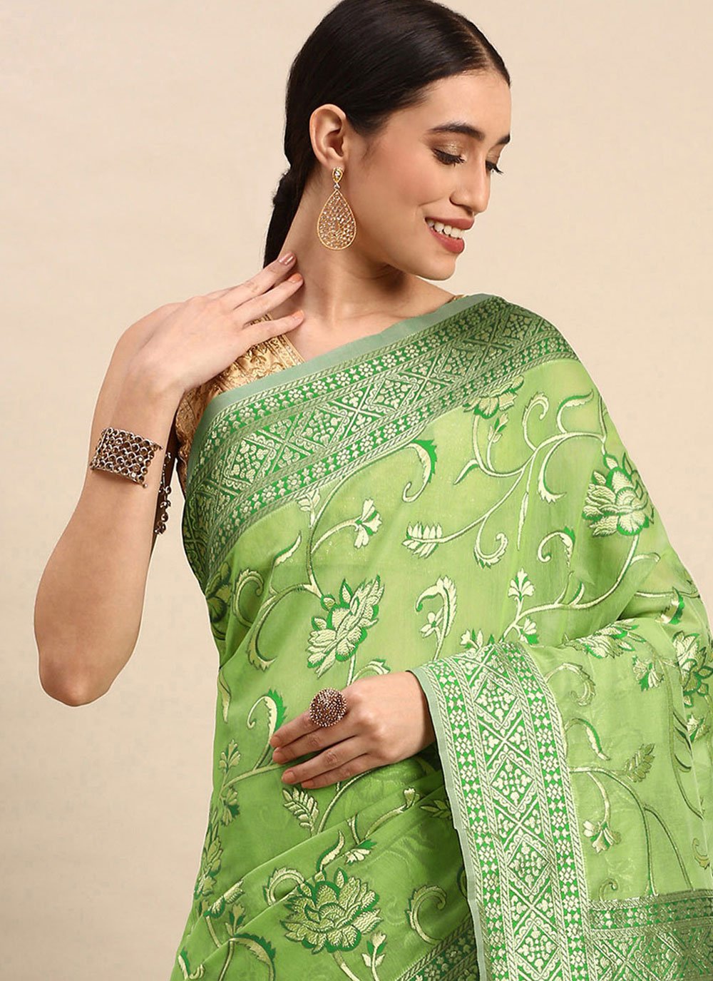 Classic Soft Cotton Green Weaving Saree