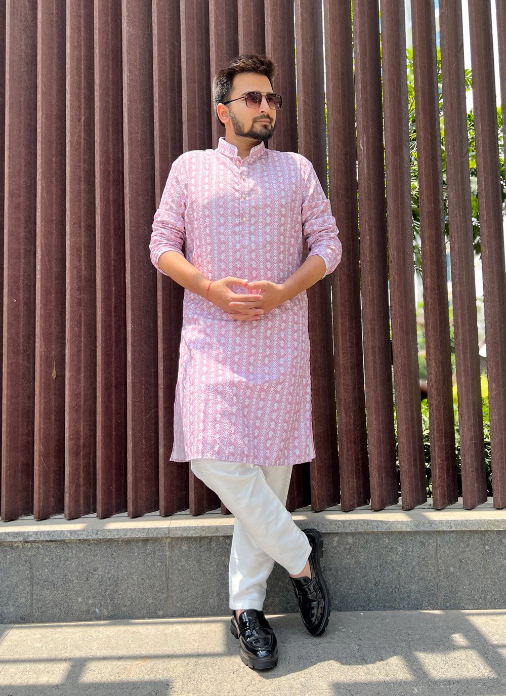 Kurta Pyjama Soft Cotton Pink Embroidered Mens