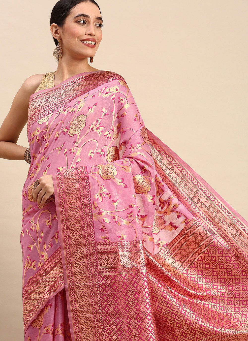 Trendy Saree Soft Cotton Pink Weaving Saree