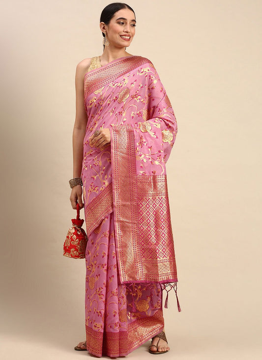 Trendy Saree Soft Cotton Pink Weaving Saree