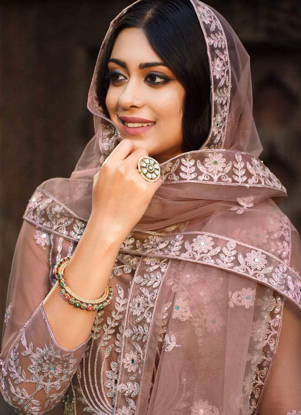 Anarkali Suit Net Pink Embroidered Salwar Kameez