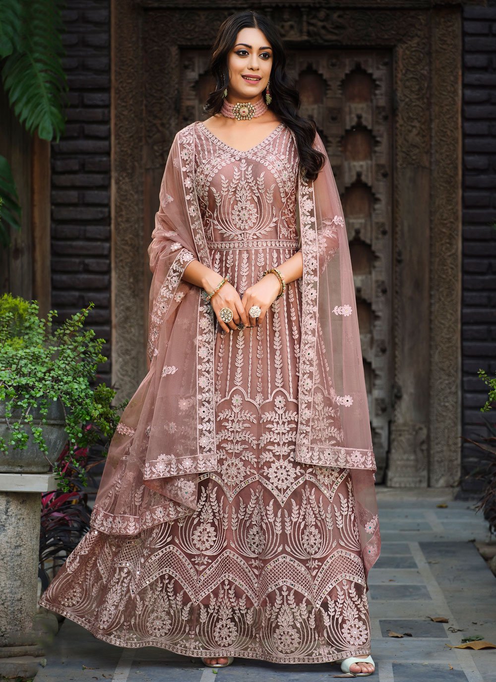 Anarkali Suit Net Pink Embroidered Salwar Kameez