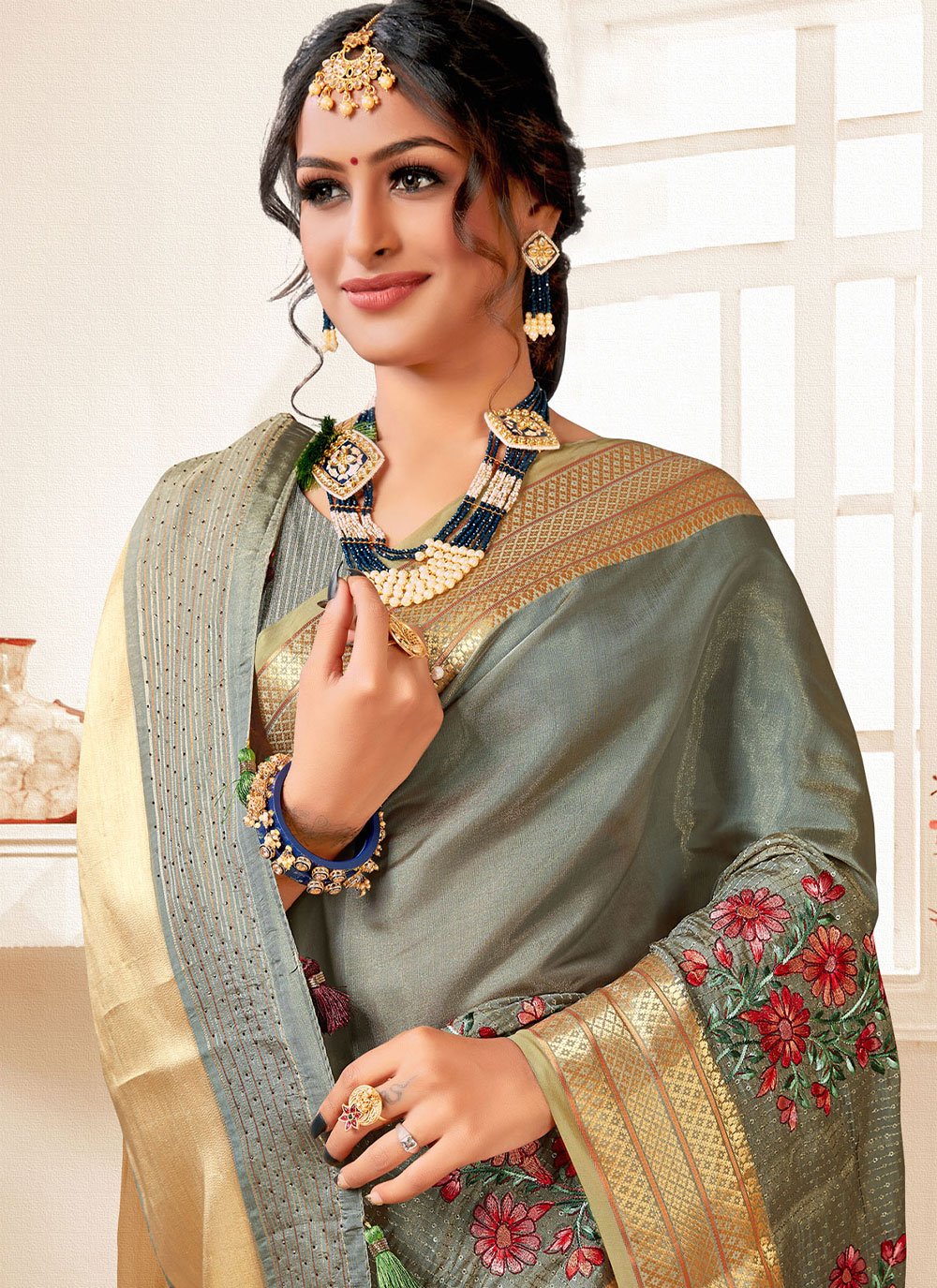 Classic Art Silk Grey Embroidered Saree