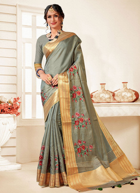 Classic Art Silk Grey Embroidered Saree