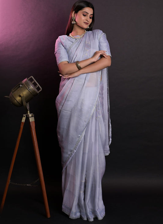 Classic Chiffon Lavender Patch Border Saree