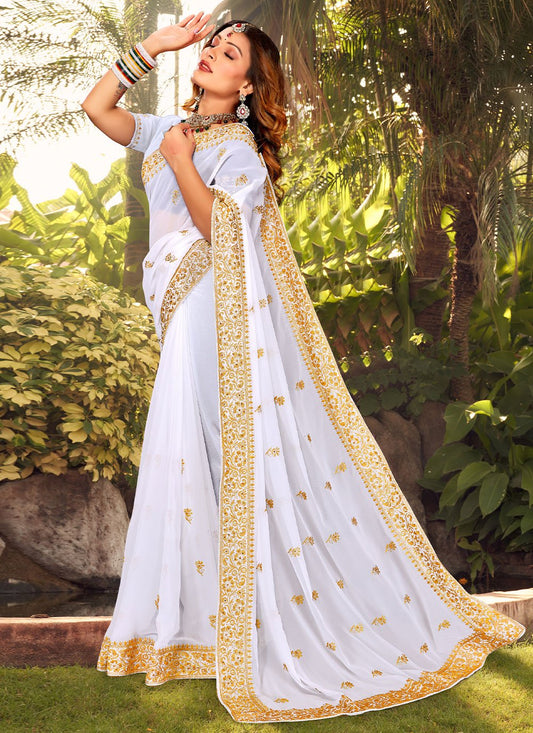 Classic Georgette White Embroidered Saree