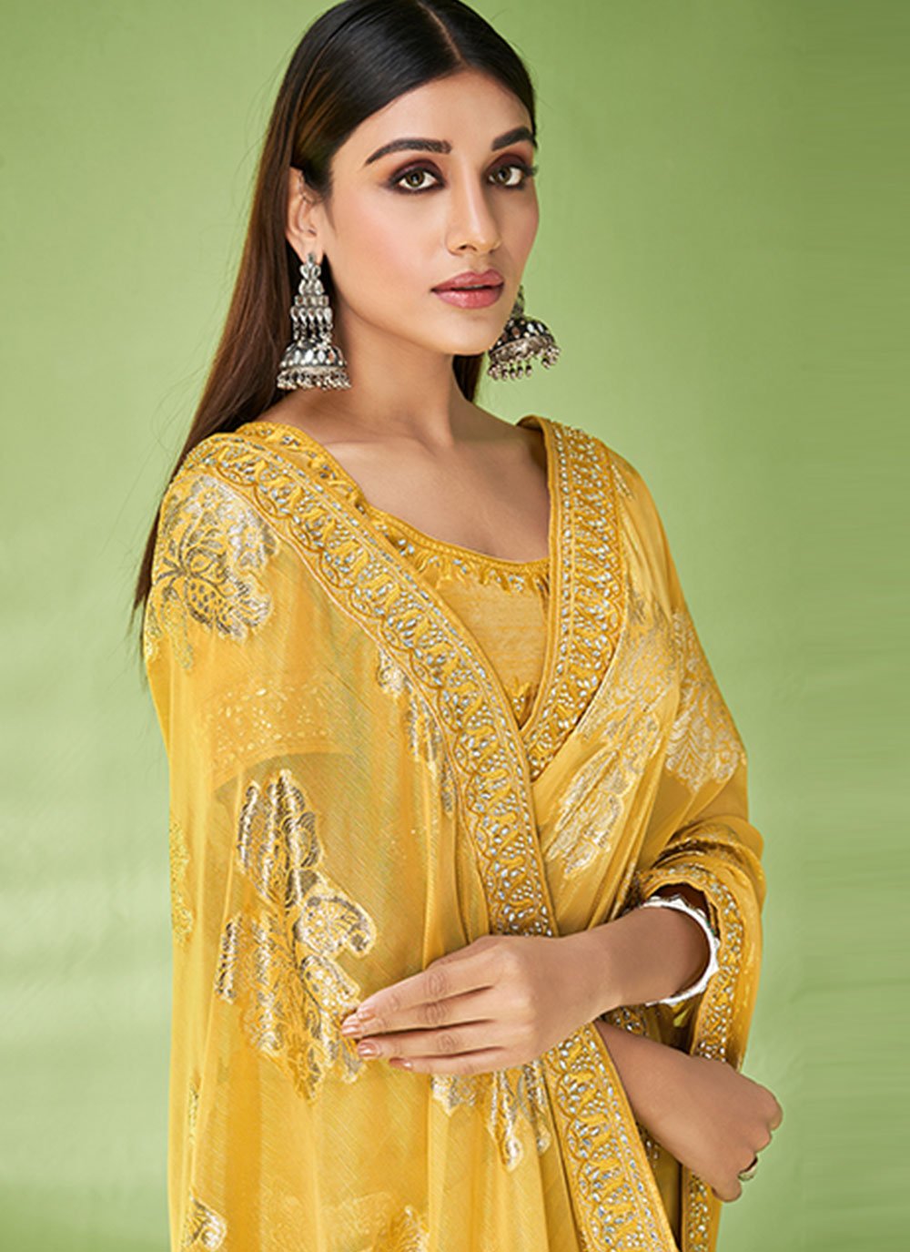 Contemporary Georgette Jacquard Yellow Foil Print Saree