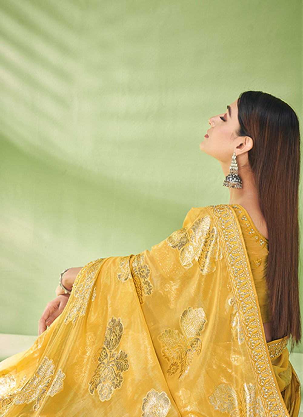 Contemporary Georgette Jacquard Yellow Foil Print Saree