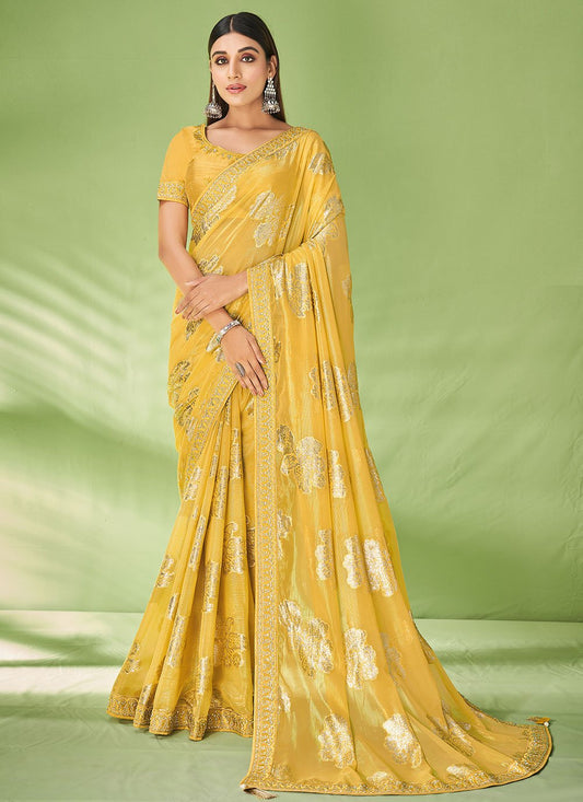 Contemporary Georgette Jacquard Yellow Foil Print Saree