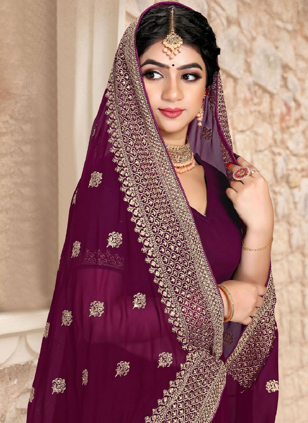 Classic Georgette Wine Embroidered Saree