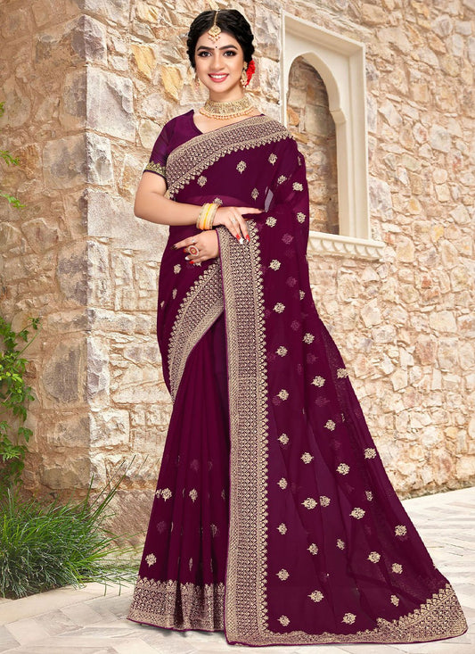 Classic Georgette Wine Embroidered Saree