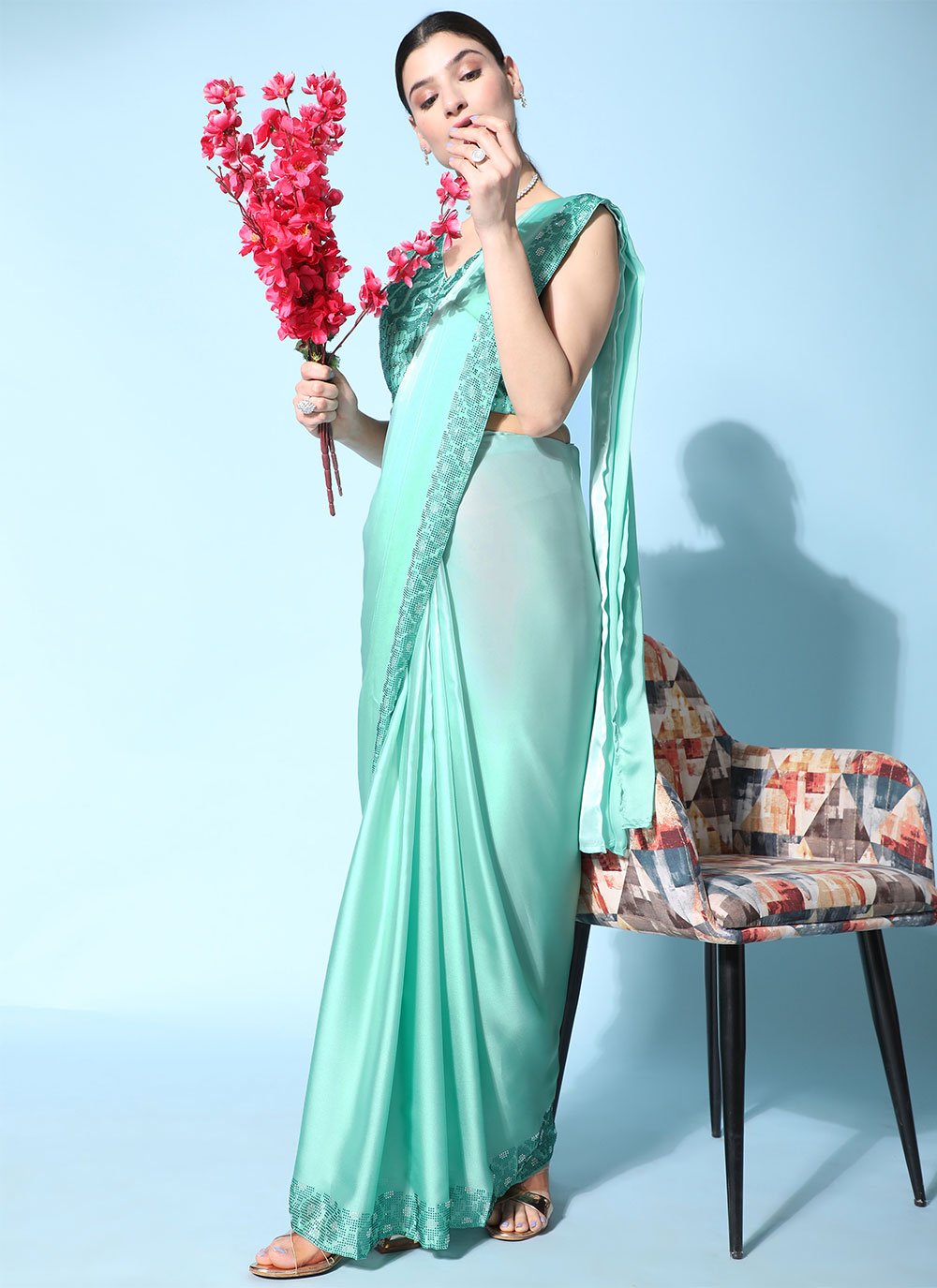 Trendy Saree Georgette Satin Sea Green Patch Border Saree