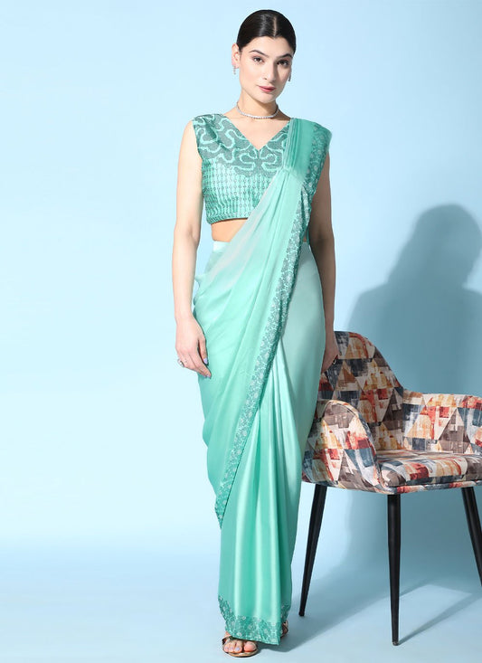 Trendy Saree Georgette Satin Sea Green Patch Border Saree