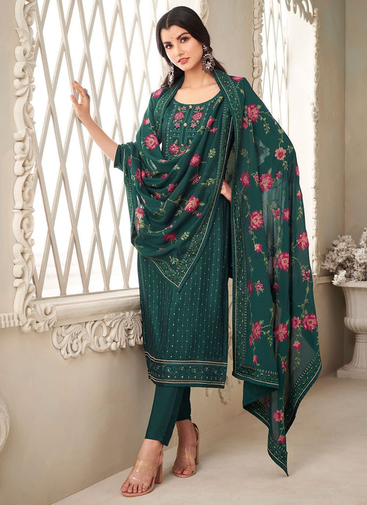 Salwar Suit Chinon Tissue Brasso Green Sequins Salwar Kameez