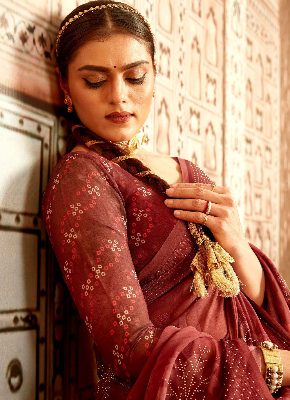 Classic Georgette Maroon Stone Saree