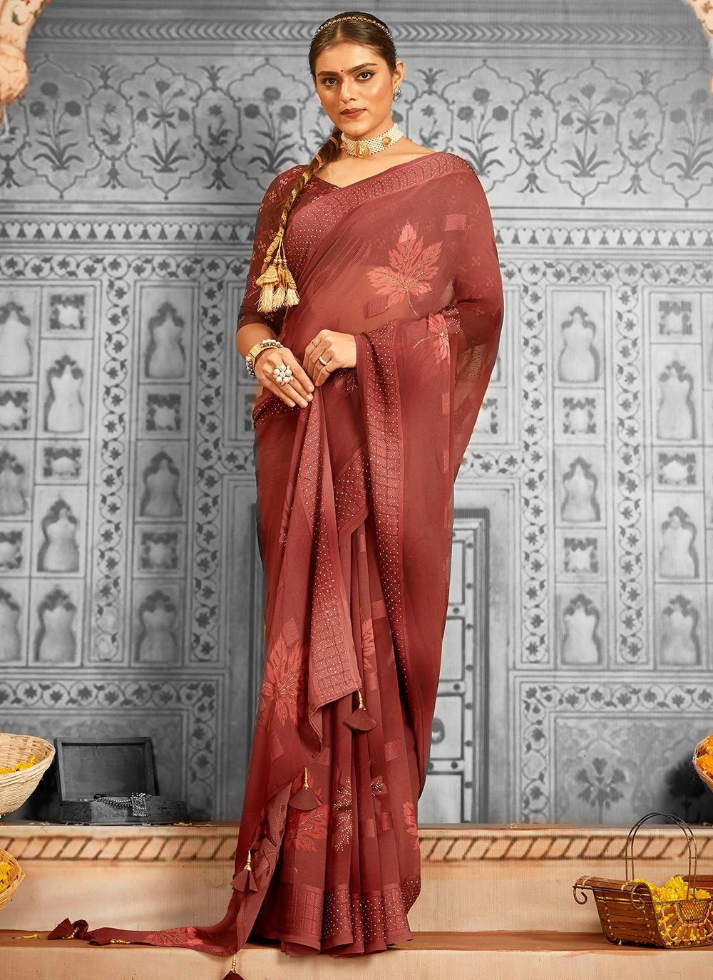 Classic Georgette Maroon Stone Saree