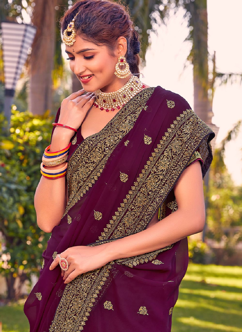 Contemporary Georgette Purple Embroidered Saree