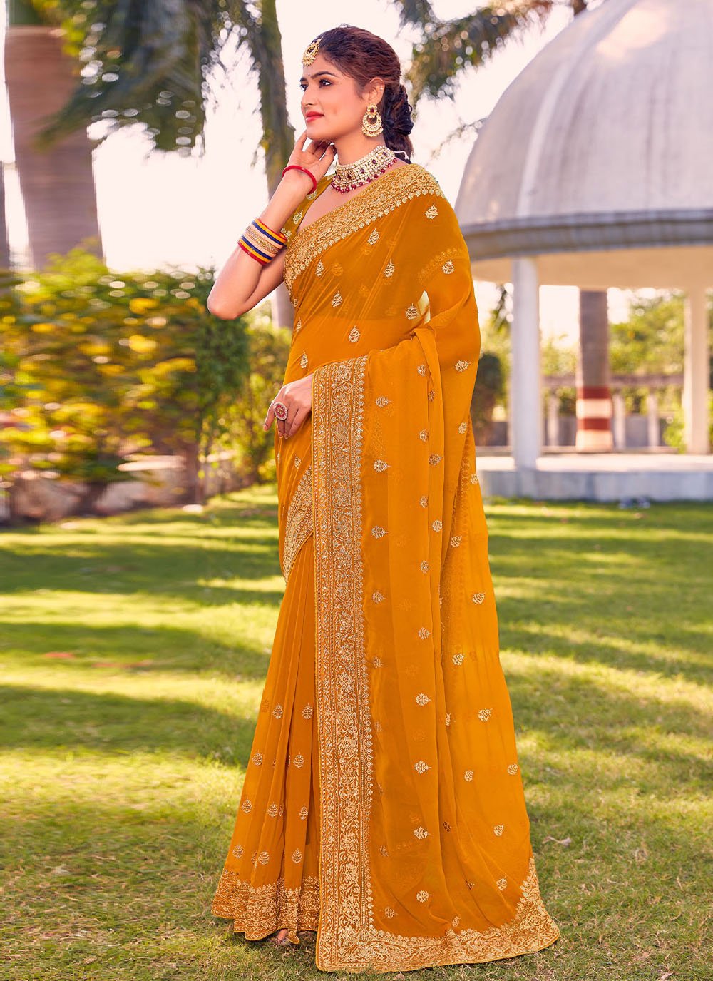 Classic Georgette Mustard Embroidered Saree