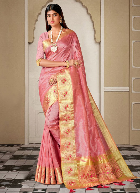 Classic Handloom Silk Pink Embroidered Saree